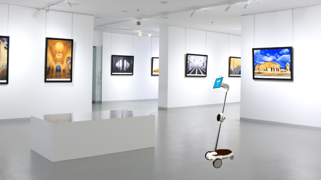 Xeo Chu Virtual Exhibition: Pandemic Paintings. An Ohmni Mobile Telepresence Robot roaming the gallery
