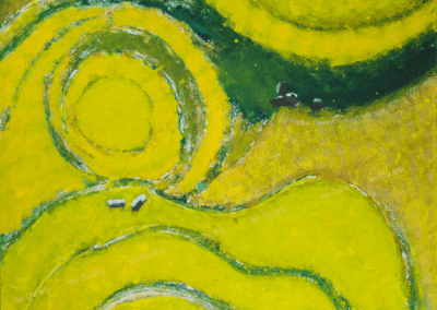 Painting from Xeo Chu's Art Gallery - An overhead view of pastures with livestock below