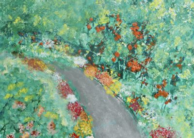 Painting from Xeo Chu's Art Gallery - A colorful scene with flowers and trees along a road