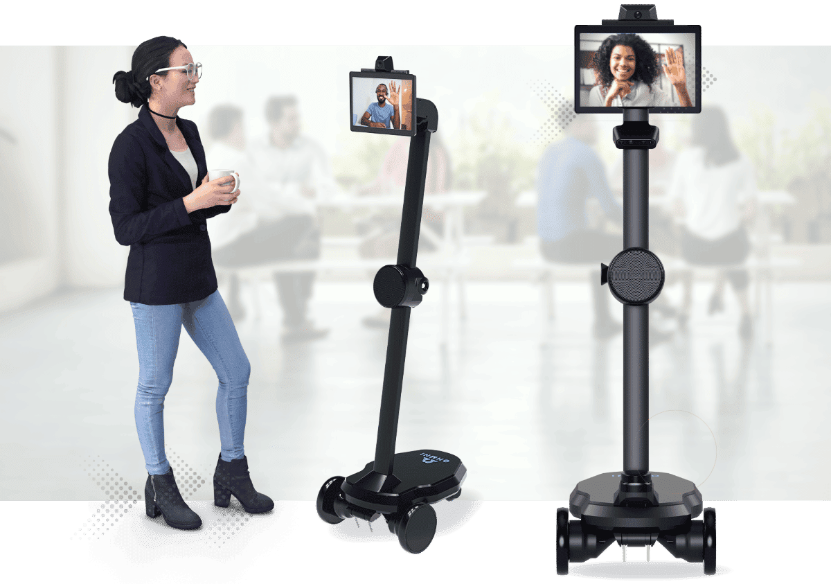 A woman has a conversation via the telepresence robot from OhmniLabs.