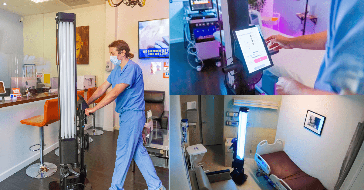 A panel of images showing the use of UV disinfection robots