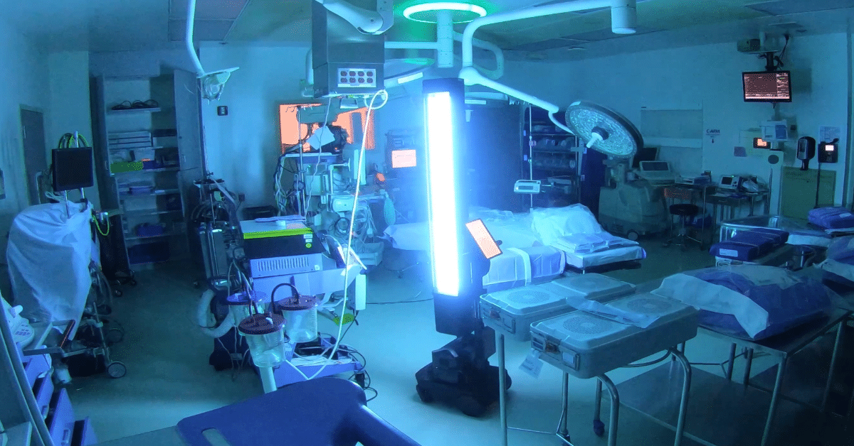 OhmniClean -- one of the premier disinfecting and sanitizing robots -- cleaning a hospital room.