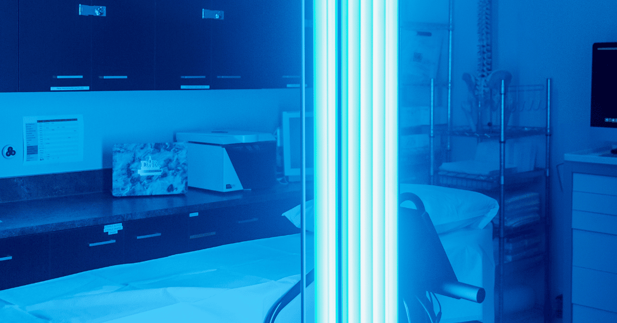The illuminated UV-C bulbs on a disinfection or sanitizing robot.
