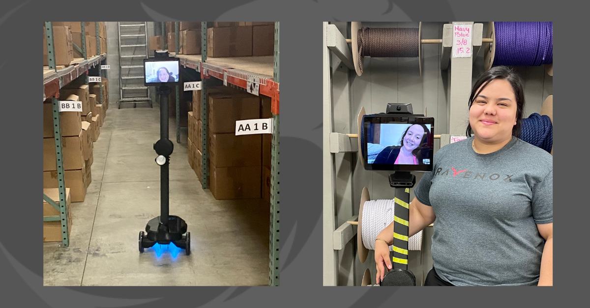 One picture of the telepresence robot alone and another with a Ravenox employee.