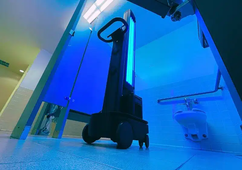 OhmniClean UV-C disinfection robot in a bathroom