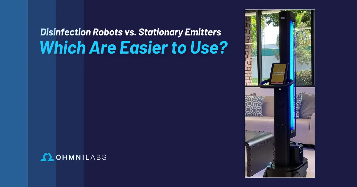 A feature image showing the blog title: Disinfection Robots vs. Stationary Emitters – Which Are Easier to Use?